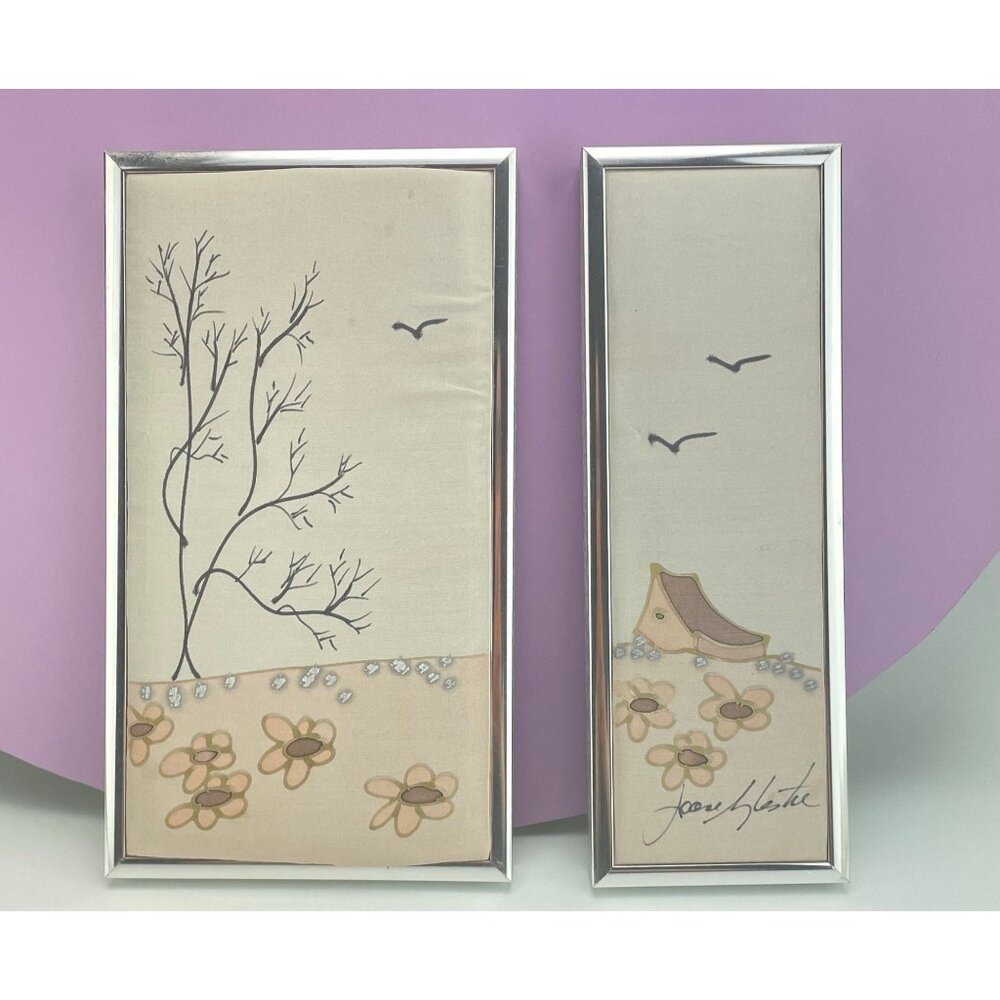 Vintage 80s paint on silk art, winter scene, blush pink, grey, for the pair